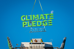 Jones Sign team installing Climate Pledge Arena sign