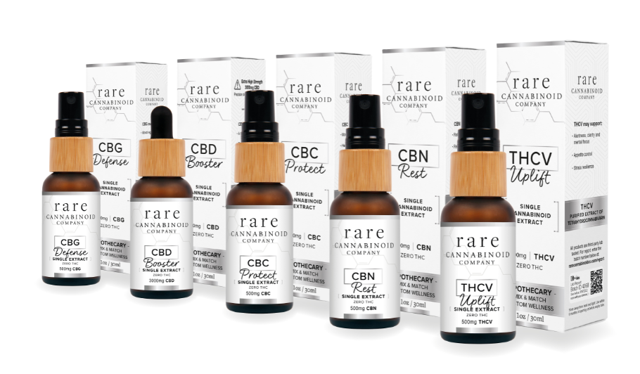 Rare Cannabinoid Company's Apothecary Line products: purified THCV, CBN, CBC, CBD and CBG are intended to be mixed and matched or combined with a full/broad spectrum CBD for the entourage effect.