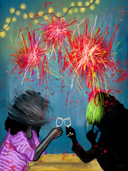 Two women with obscured faces tap glasses with fireworks in the background.