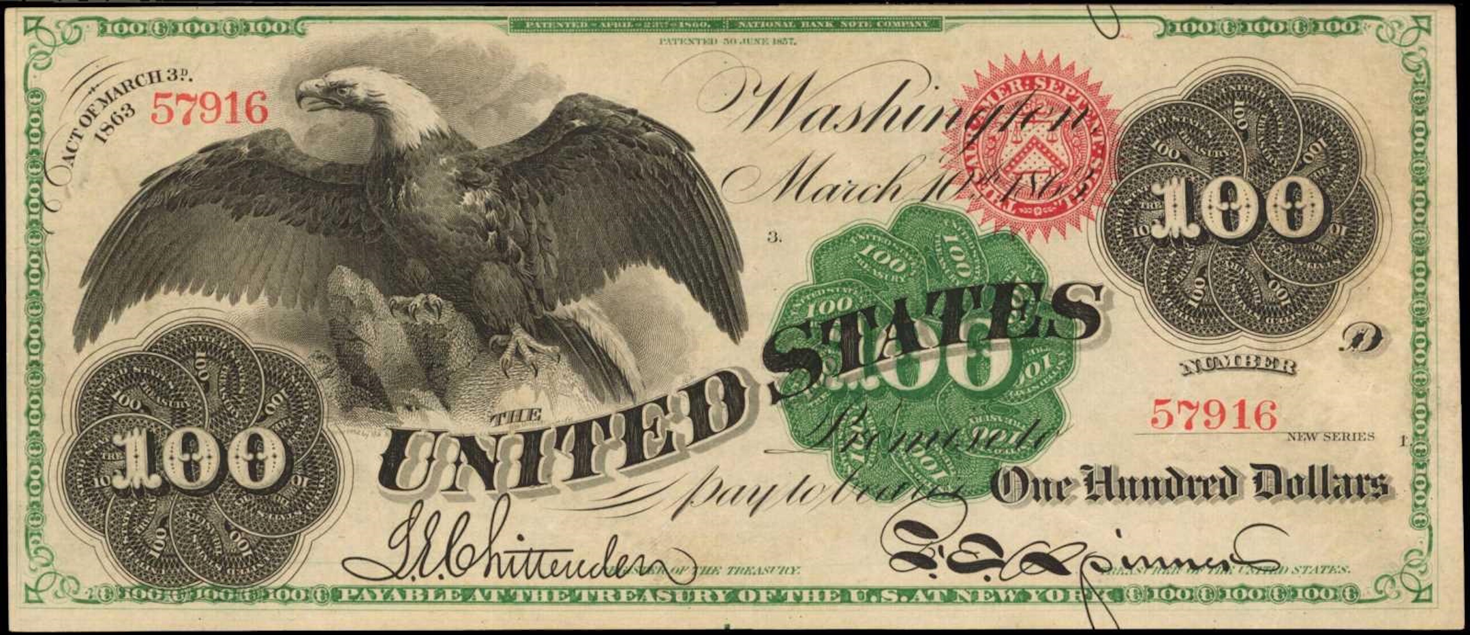 The most valuable individual U.S. paper money sold at auction in 2020 was this Civil War-era 1863 $100 Legal Tender Note for $432,000. Photo courtesy of Stack’s Bowers Galleries.