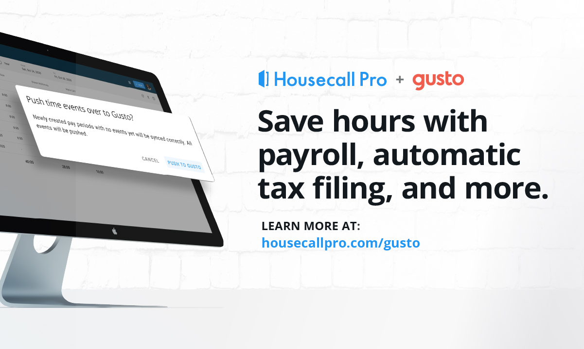 Save hours with payroll, automatic tax filing, and more with Housecall Pro integration with Gusto.