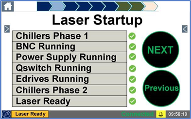 An HMI (human machine interface) screen for the Procudo® Laser Peening System provides operators an orderly checklist.