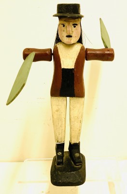 A Wonderful and Charming American Sailor/Whaler Carved Wood Whirligig Signed on the Bottom by the Carver Adolf Haugh, and Dated 1919.