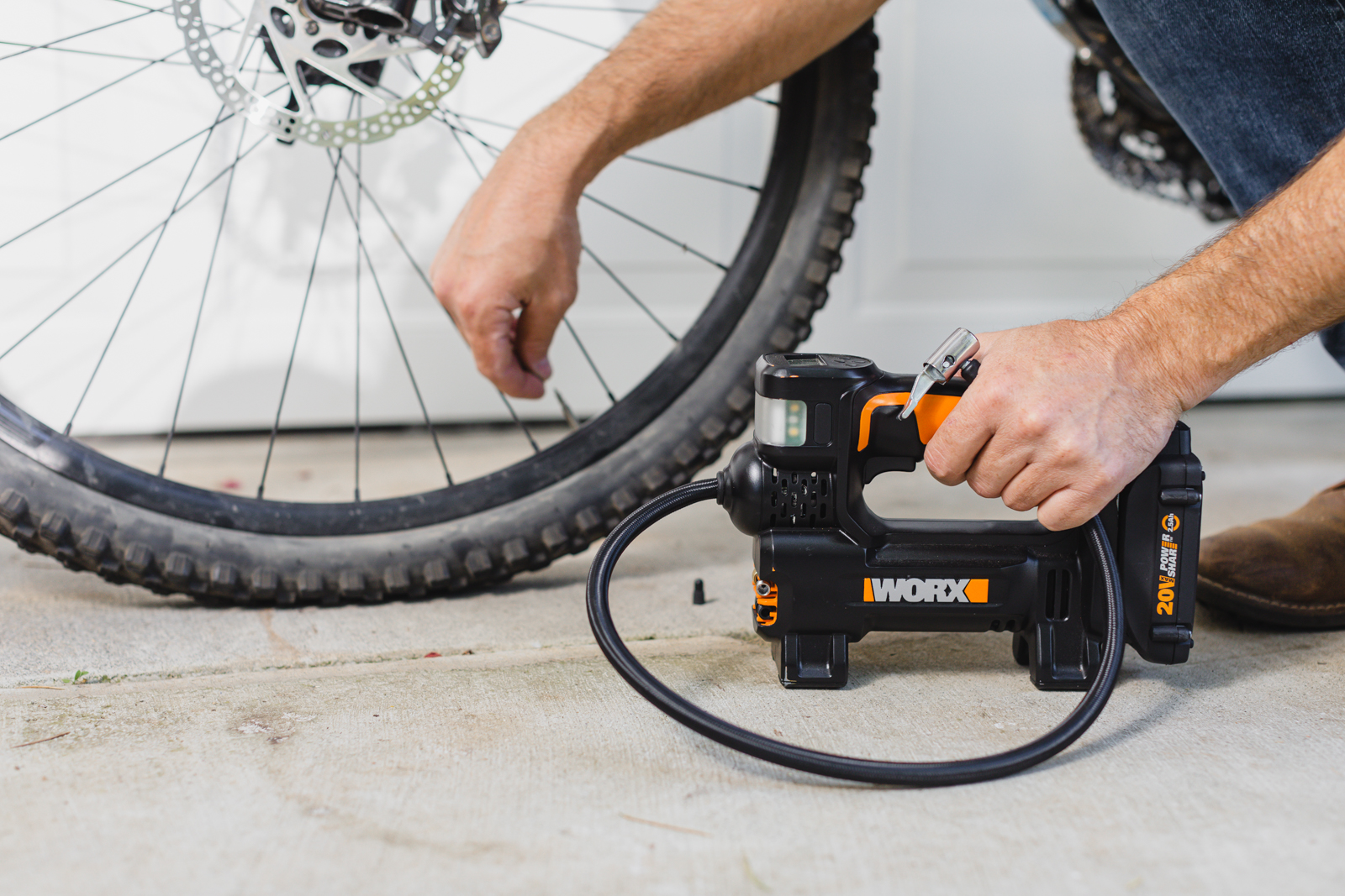 WORX 20V Portable Inflator delivers up to 150 psi air pressure to keep bikes and other household inflatables ready to use.