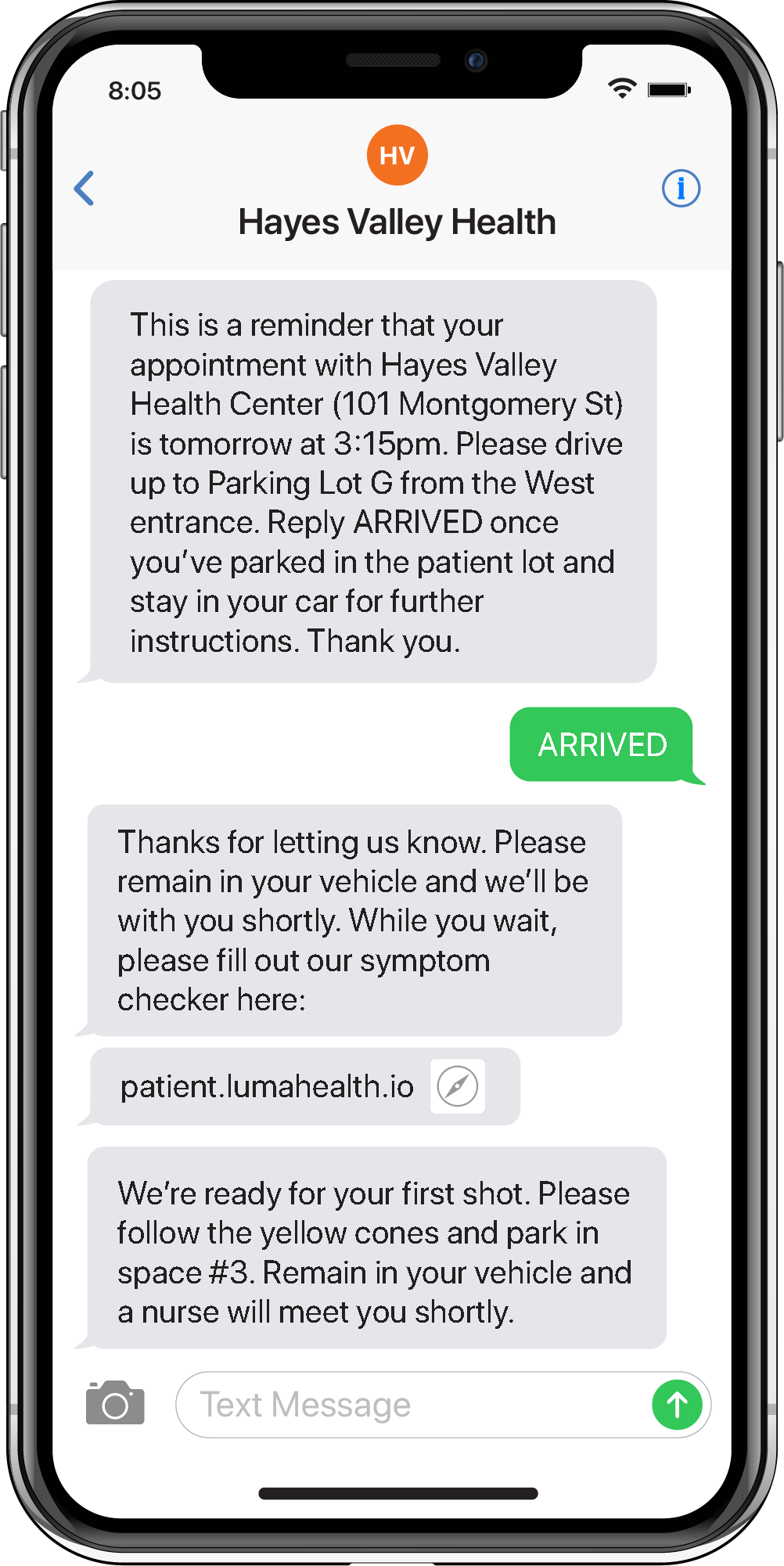Patientu2019s Zero Contact Waiting Room and Check-in experience with Luma Health.