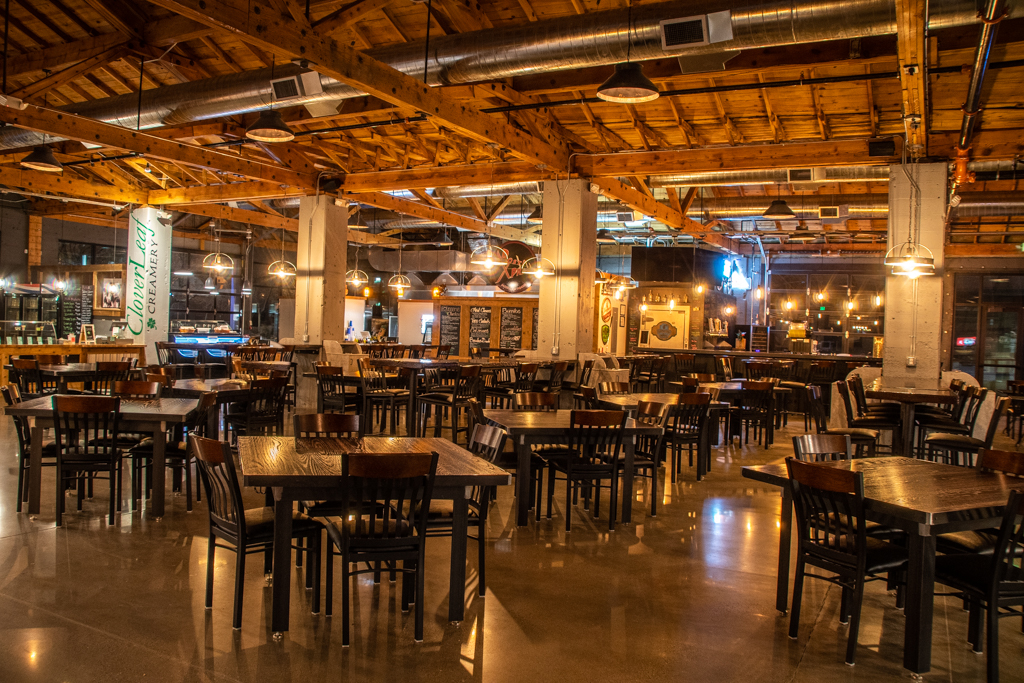 The large, open dining space at 2nd South Market includes movable seating for face-to-face or physically distanced dining.