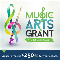 music note and paintbrush with the words, Music + Arts Grant from California Casualty
