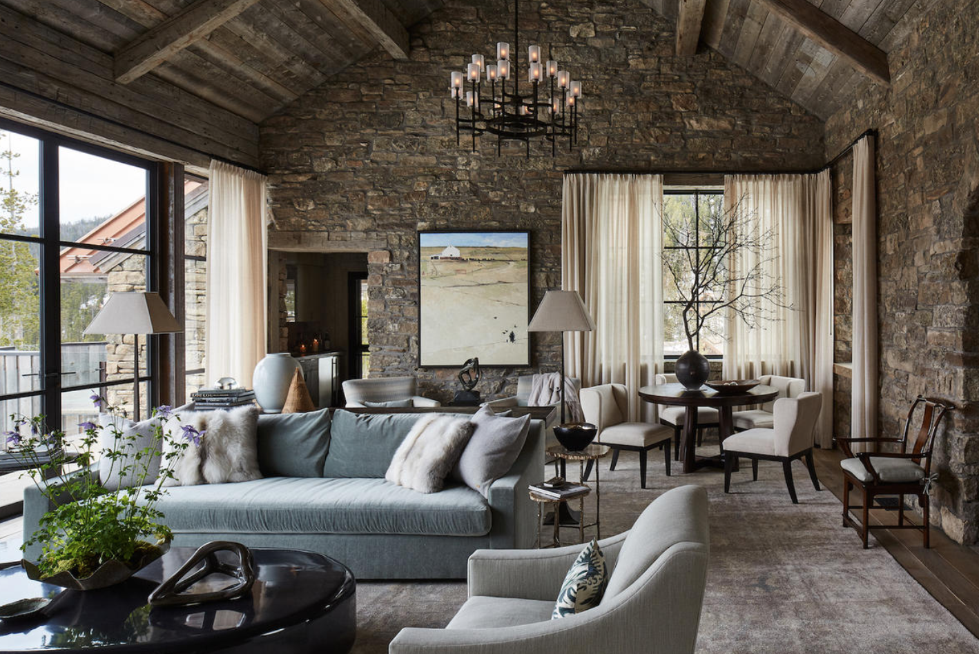 WRJ Design brings sophisticated alpine elegance to interiors, combining contemporary European furnishings with rustic elements, lush textures, one-of-a-kind items and art (PC: William Abranowicz).