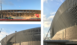 Metal façade surrounding new soccer stadium for FC Cincinnati produced by Jones Architectural Creations.