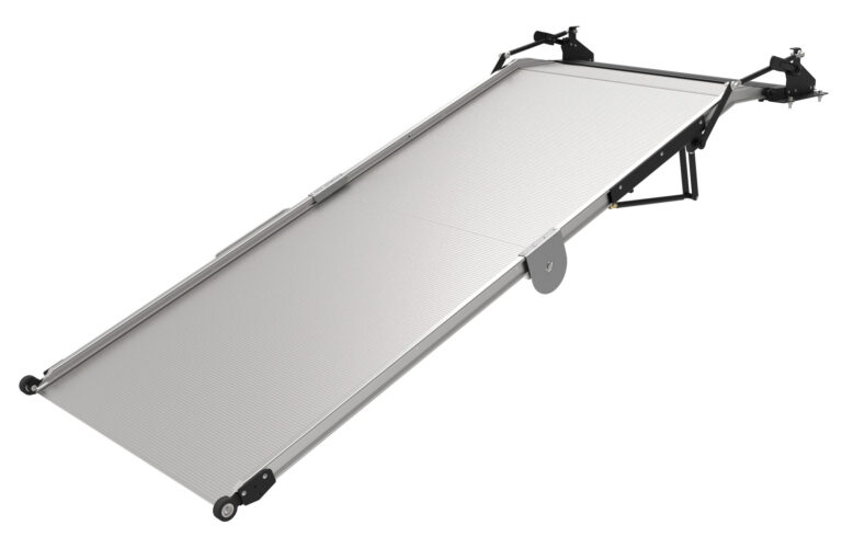 The 42-inch-wide, 108-inch-long folding aluminum ramp features a robust steel deck mounting plate and has a capacity rating of 1,250 pounds.