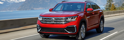 Front driver angle of a red 2021 Volkswagen Atlas Cross Sport