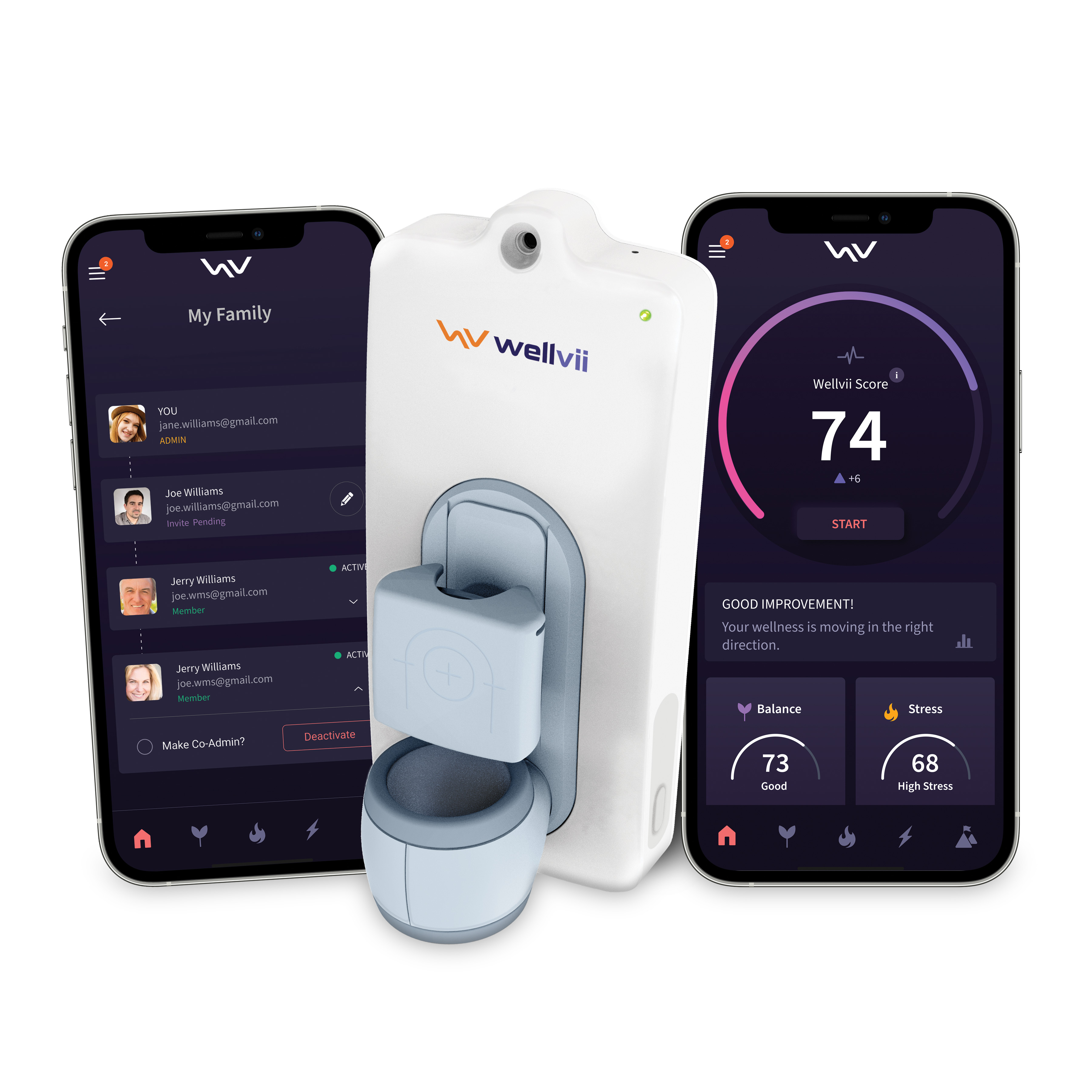 Wellvii Device with Companion App Screen Shots