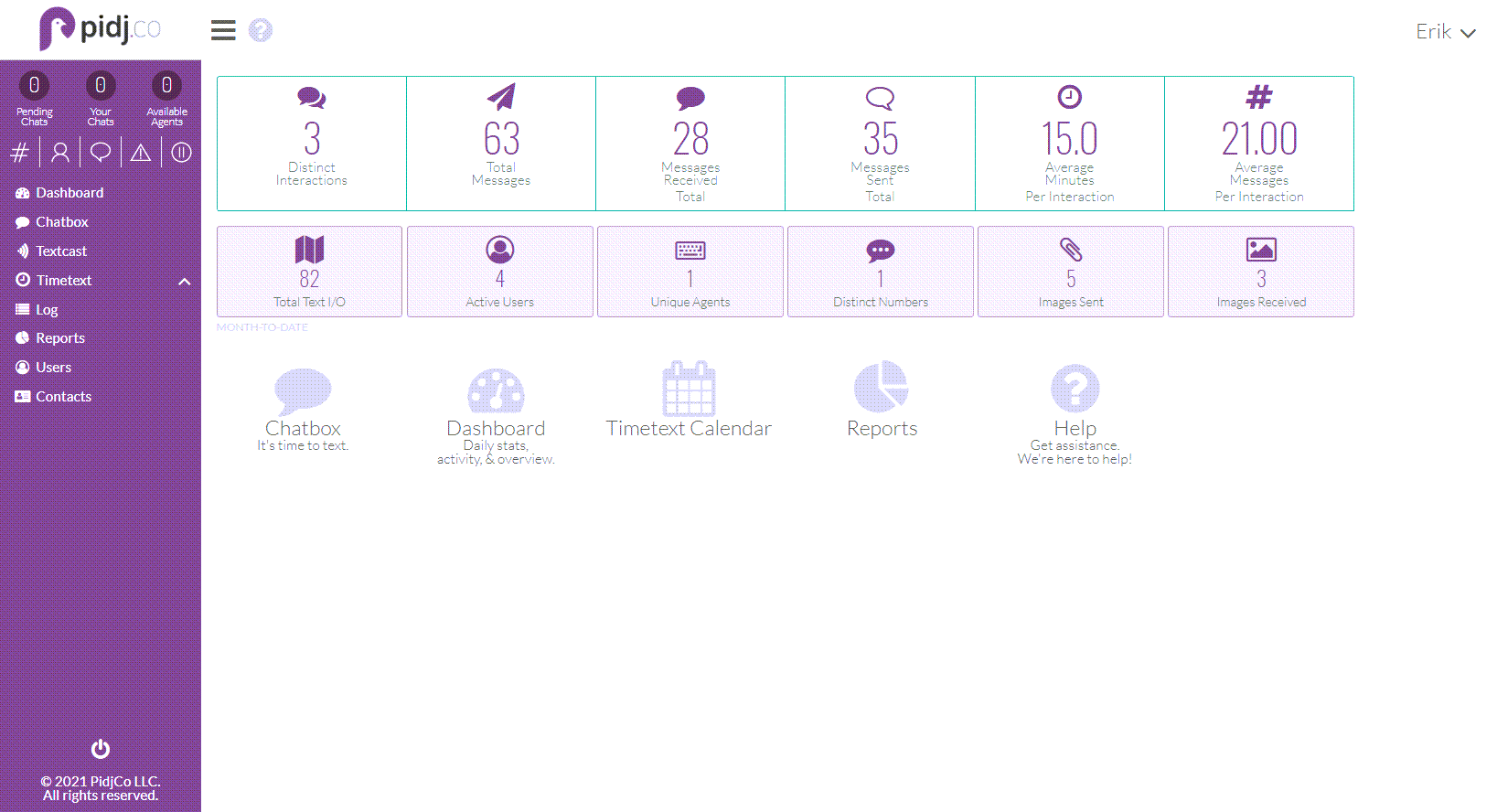 Pidj.co Business Text Messaging Platform Dashboard