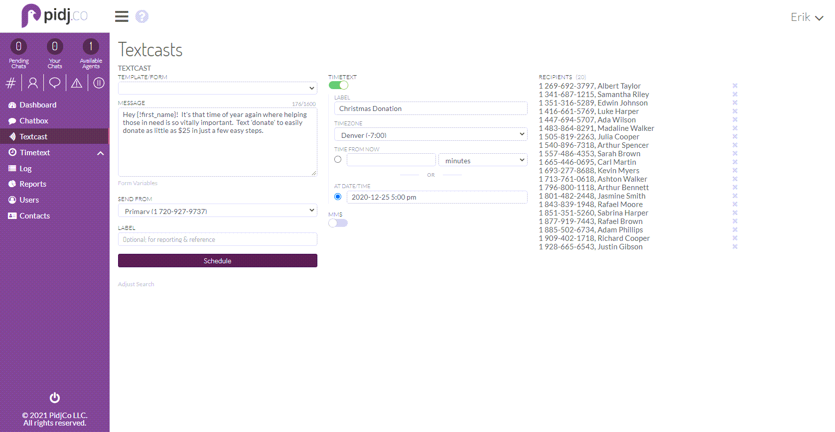 Pidj.co Business Text Messaging Platform TextCast Interface