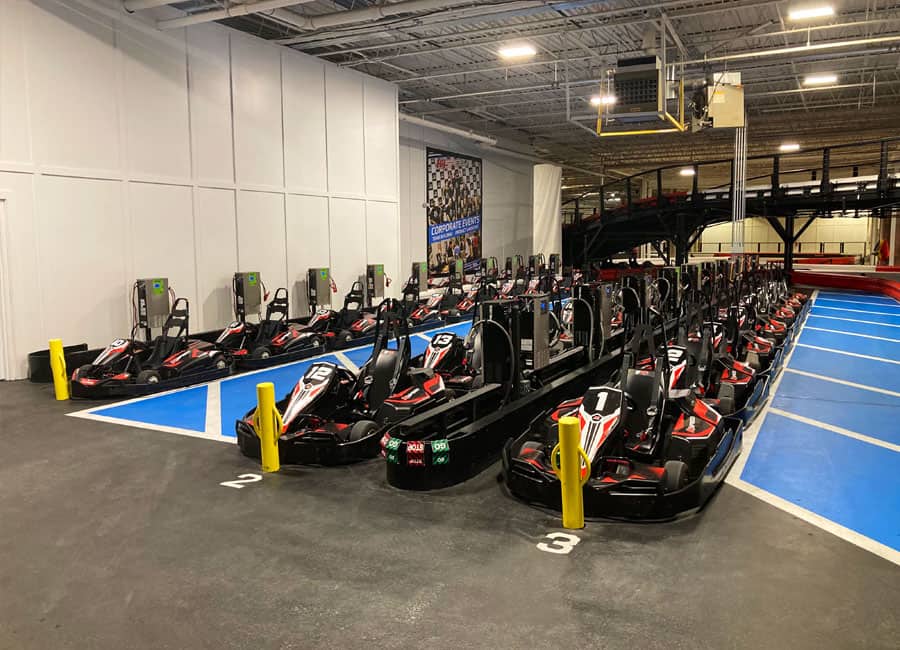All-electric go karts imported from Italy line up in the pits at K1 Speed Oxford