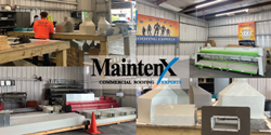Images of metal work and roofing supplies surround the MaintenX International logo.