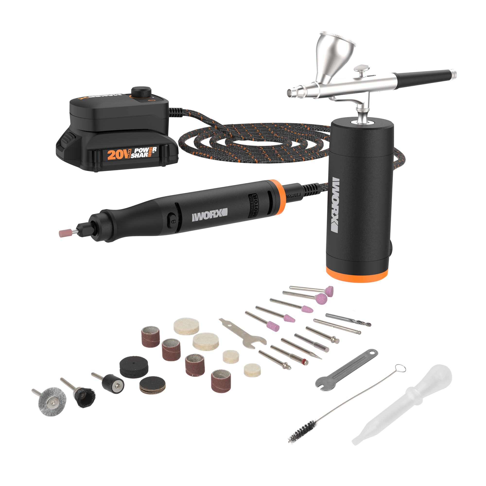 WORX 20V MakerX Rotary Tool and Airbrush Combo Kit includes MakerX Hub, 20V Power Share battery, 45 accessories with case, charger and storage bag.