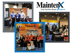 Three framed photos of MaintenX team members at past conferences are arranged below the MaintenX logo.
