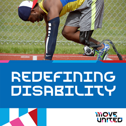 Podcast cover image featuring adaptive athlete preparing to run on a track