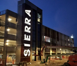 Sierra College's new parking structure is shown, with Sierra in LED lights.