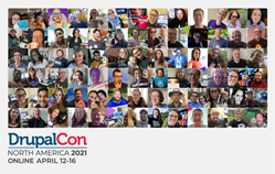 A collage of images of people's faces. At the bottom, it reads, DrupalCon North America 2021 Online April 12-16