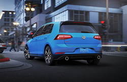 Rearview look at the Volkswagen Golf GTI color light blue