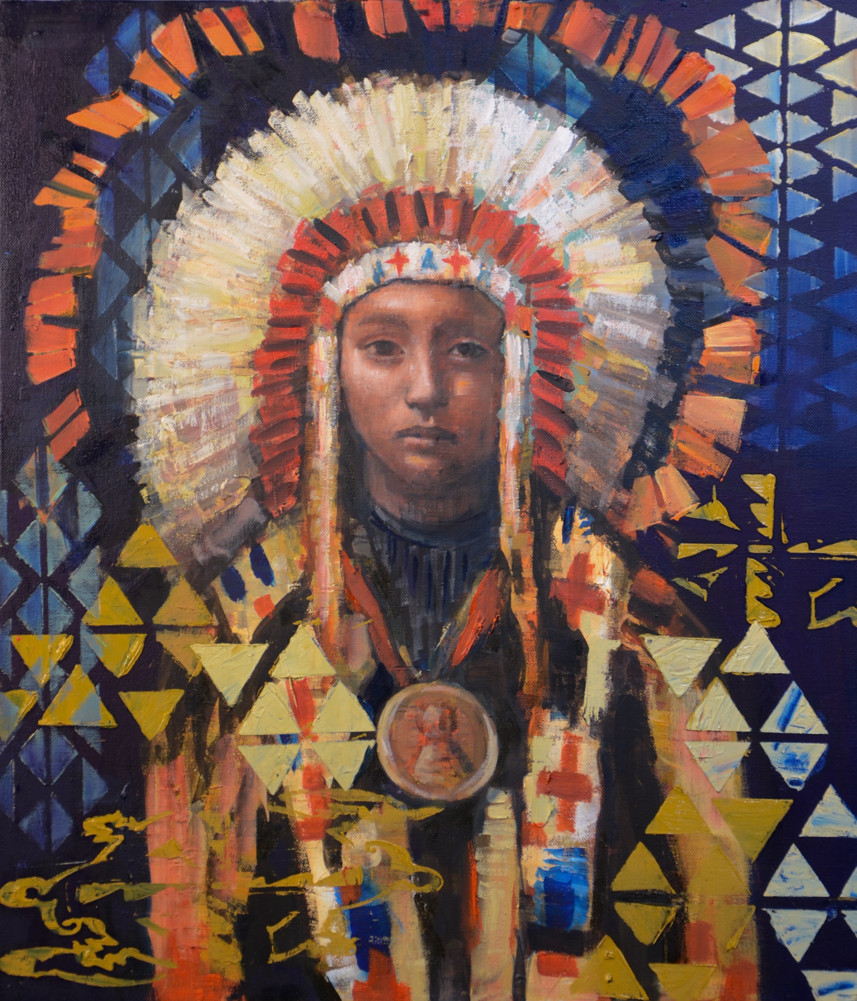 Rimi Yang, Young Chief’s Day Dream (after Joseph Henry Sharp painting titled “Chief Spotted Elk Sioux"), oil on canvas, 24"h x 20"w
