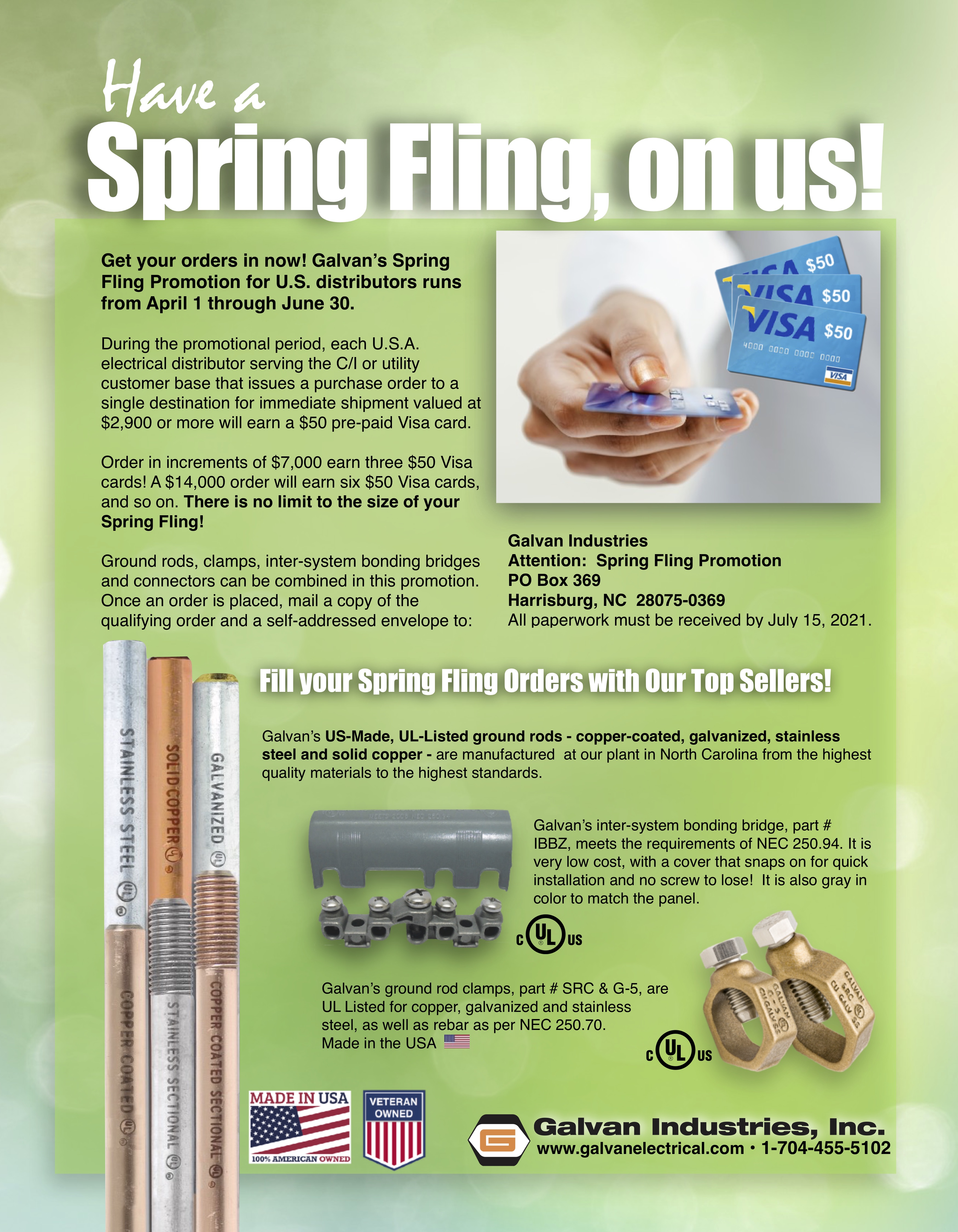 Download Galvan's Spring Fling Promotion flier at www.galvanelectrical.com for complete details.