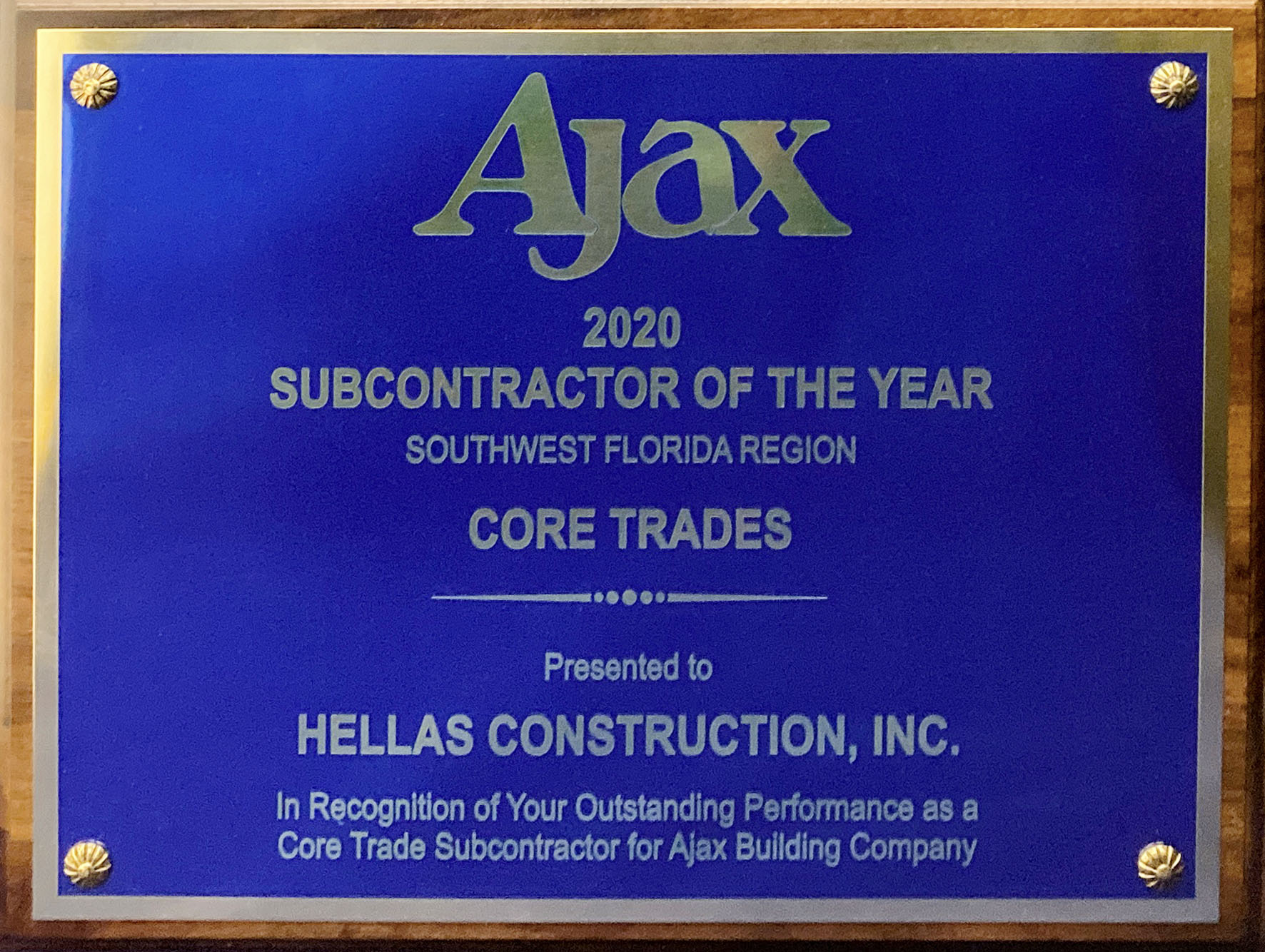 Hellas Earns AJAX Award As Subcontractor of the Year