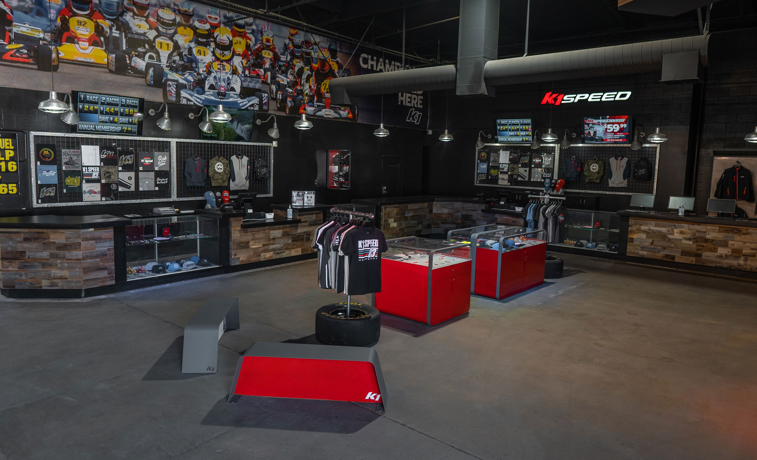 The Front Desk and Retail Store in the Lobby at K1 Speed Burbank where guests sign up and register for racing