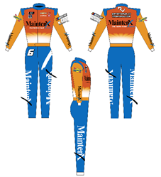 A front-, back-, and side-view of Ryan Vargas' new MaintenX-branded fire suit will look like. It features an orange top, blue pants, and the MaintenX logo on the chest, arm and legs.