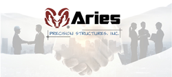 Aries Building Systems official "burgandy ramhaad' logo at the top, Precision Structures logo underneath, laid atop an artistic image of two hands shaking with various other positive images of teamwork inlaid within the shaking hands image.