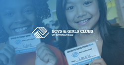 The Boys & Girls Clubs of Springfield logo against a blue background of two little girls smiling and holding club membership cards.