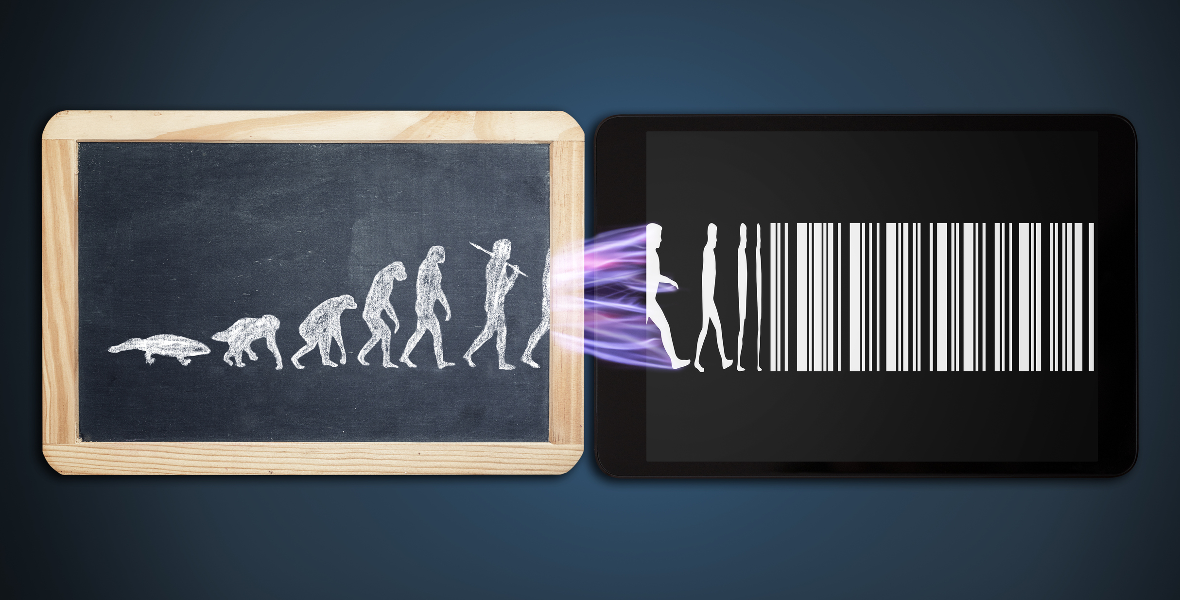 iStock Image — Concept about modern life — blackboard and modern notepad. human evolution to a digital word