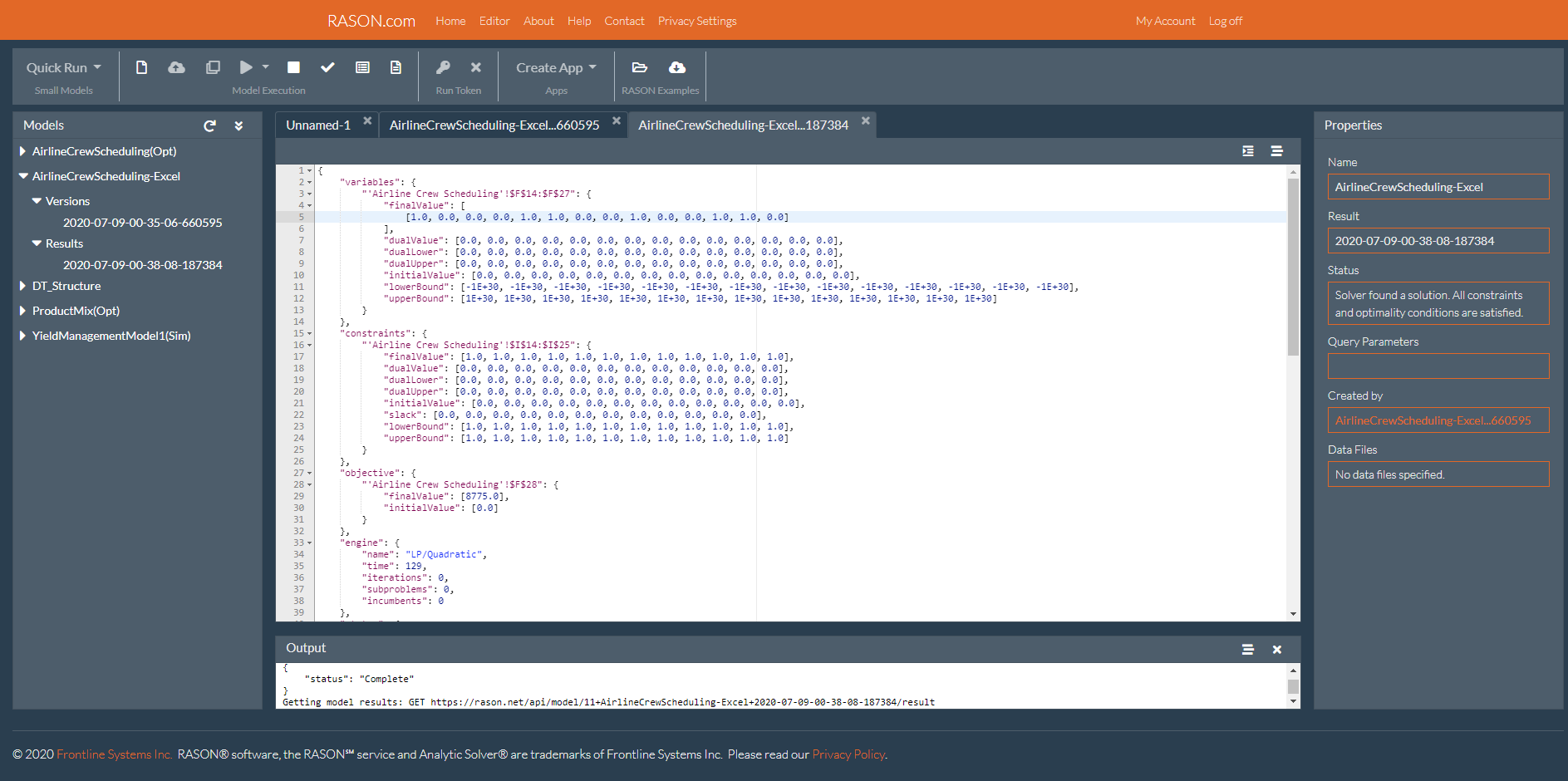 Airline Crew Scheduling JSON Results in RASON Editor