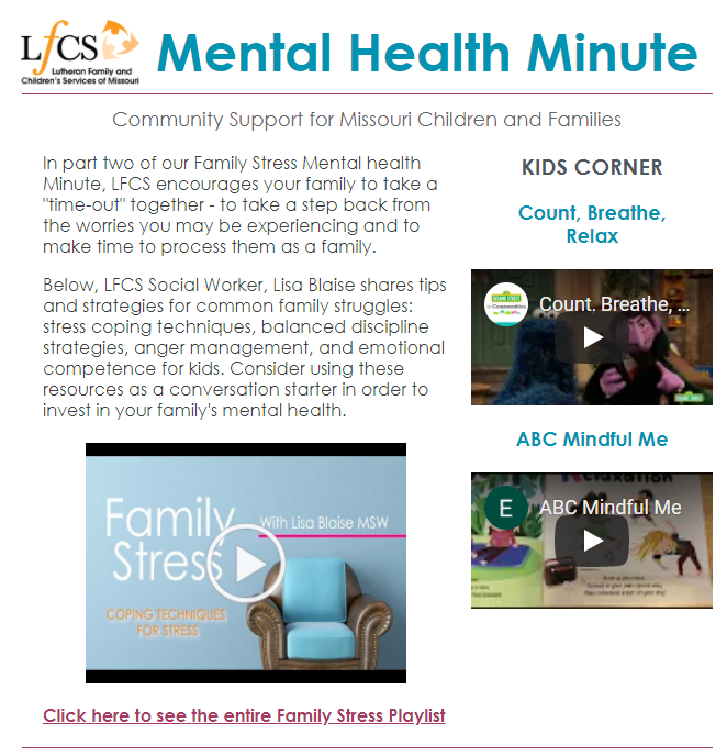 LFCS distributes the Mental Health Minute newsletter as a resource for families and service providers.