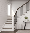 Reversible Stair Risers feature a shiplap design on one side and a beaded planking design on the other, to create an entirely new look for a stair system.