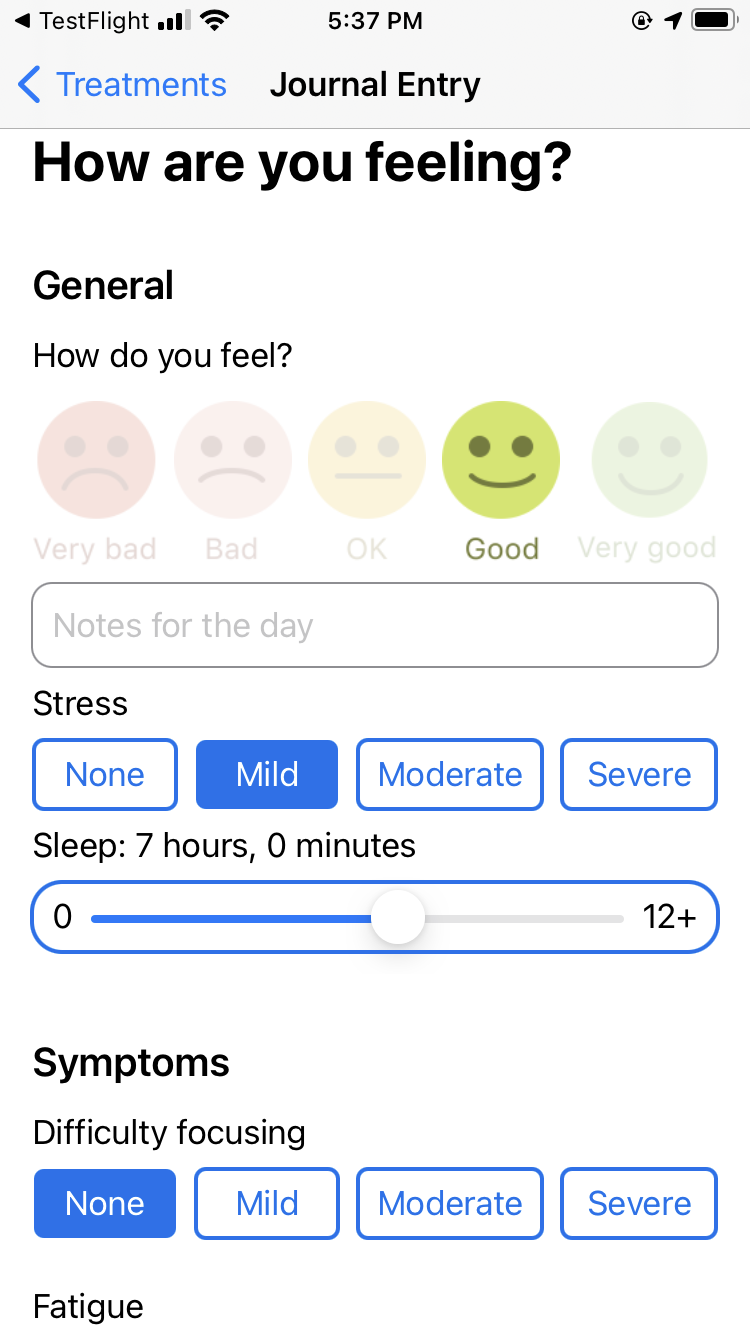Users enter how they are feeling, stress level, sleep and symptom levels