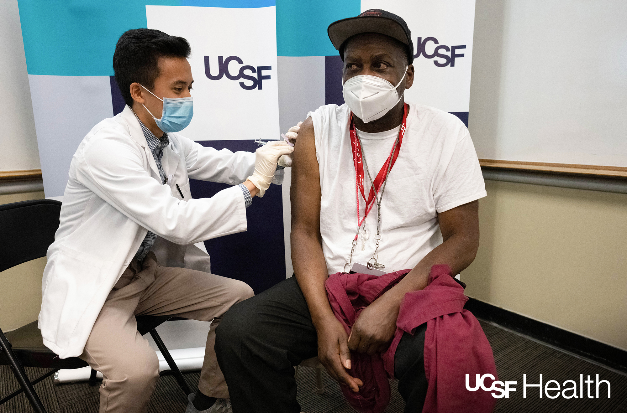 On December 16, 2020, senior custodian William Wyatt was the first frontline health care hero at UCSF to receive a COVID-19 vaccine. Credit: UCSF Health.