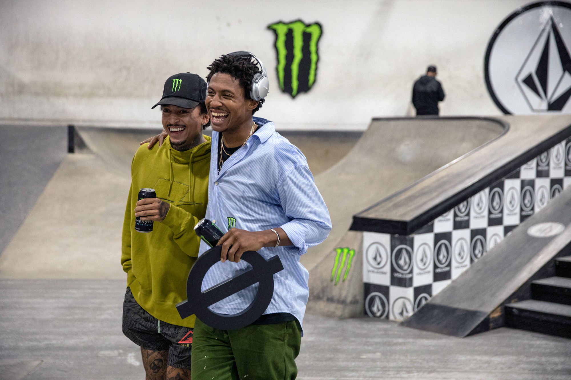 Monster Energy’s Nyjah Huston with Ishod Wair Who Took First Place in Street League Skateboarding “Unsanctioned 2” Pro Skateboarding Contest at Volcom Skatepark
