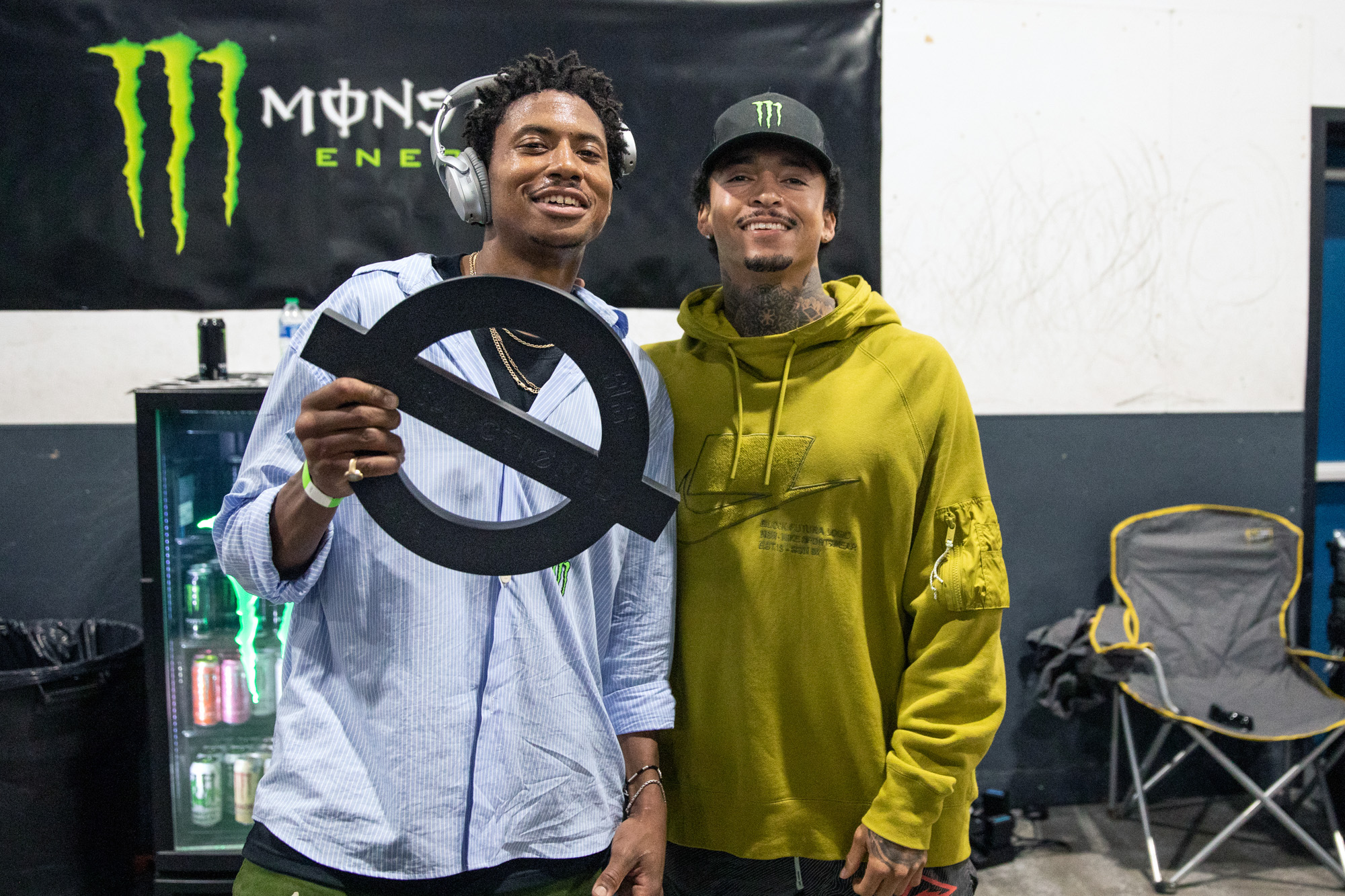 Monster Energy’s Nyjah Huston with Ishod Wair Who Took First Place in Street League Skateboarding “Unsanctioned 2” Pro Skateboarding Contest at Volcom Skatepark