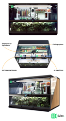 RoboJuice Kiosk includes dispenser system, self cleaning blender, cutting system, AI algorithms