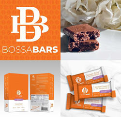 Four images: Orange and white Bossa Bar logo; decadent chocolate flavored bar unwrapped; 3 wrapped bars with tagline “power food for the pause”; and a picture of the front and back of a box with nutrition label.