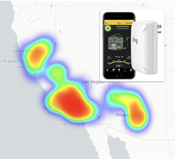 Ting Sensor with Smartphone App, Grid Event Heatmap in Background, West Coast of the U.S.
