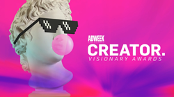 The Adweek Creator Visionary Awards logo, next to an illustration of an Ancient Greek bust wearing sunglasses and blowing a bubble