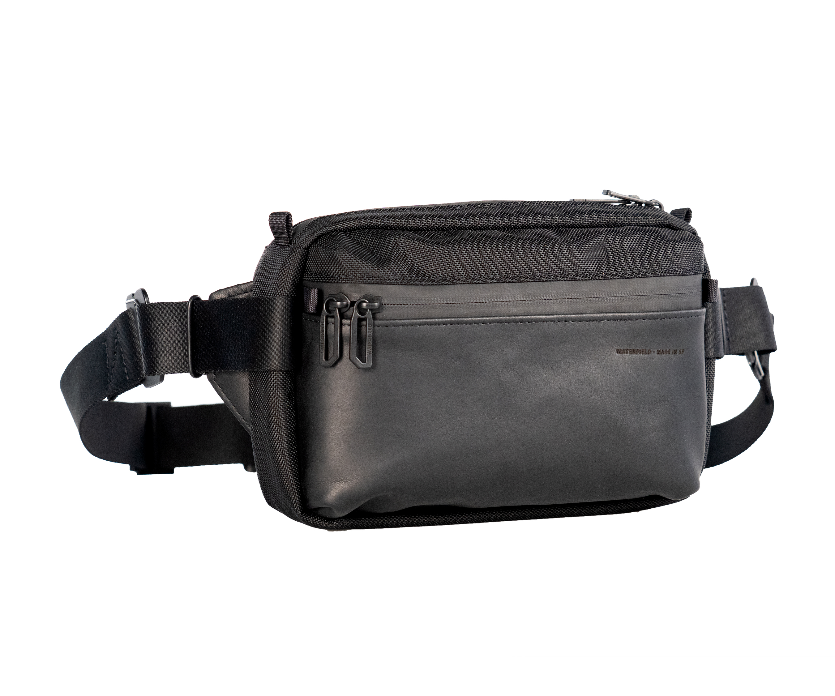 Compact Hip Sling Bag in black ballistic nylon with black, full-grain leather