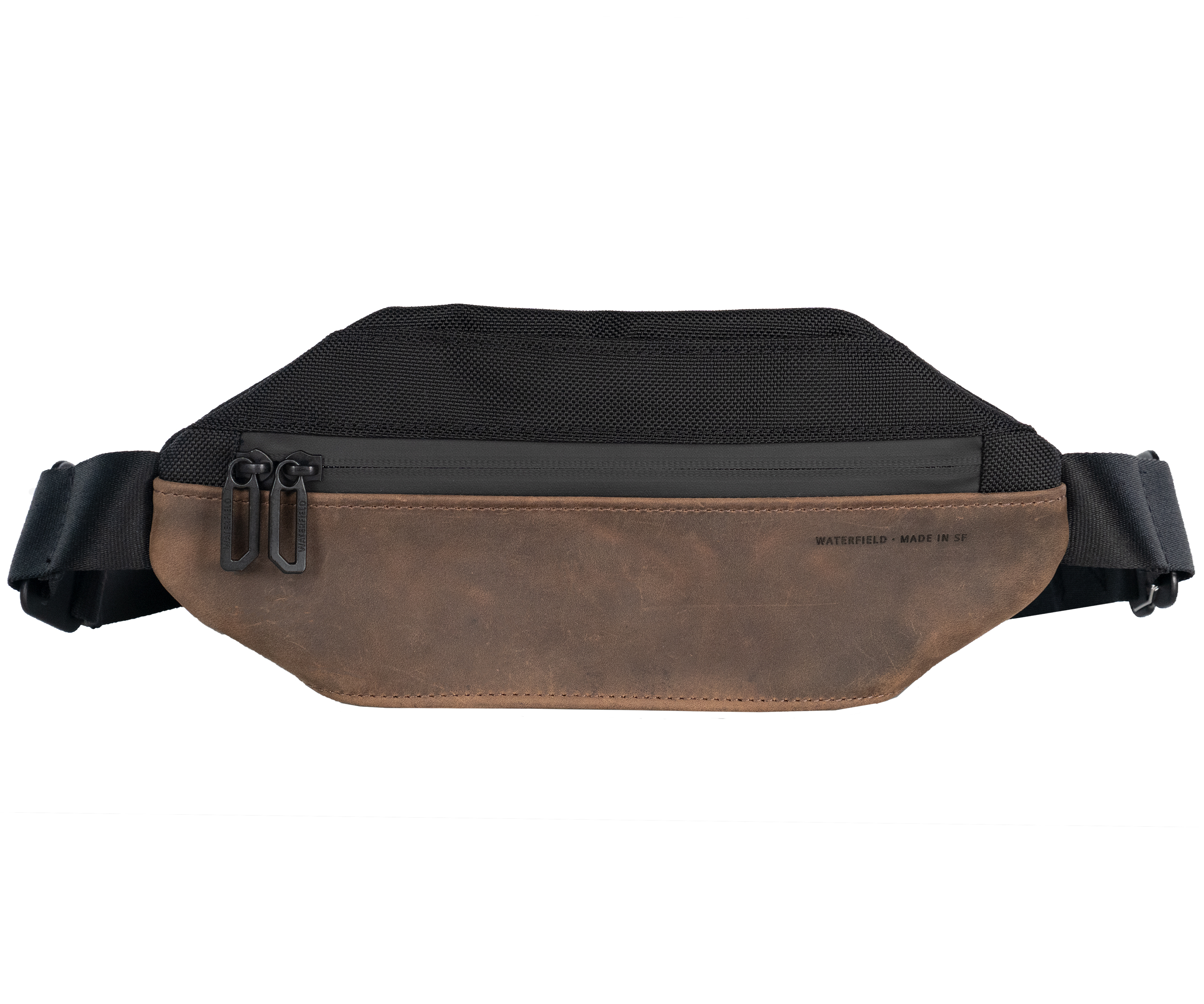 Mini Hip Sling Bag in black ballistic nylon with chocolate full-grain leather