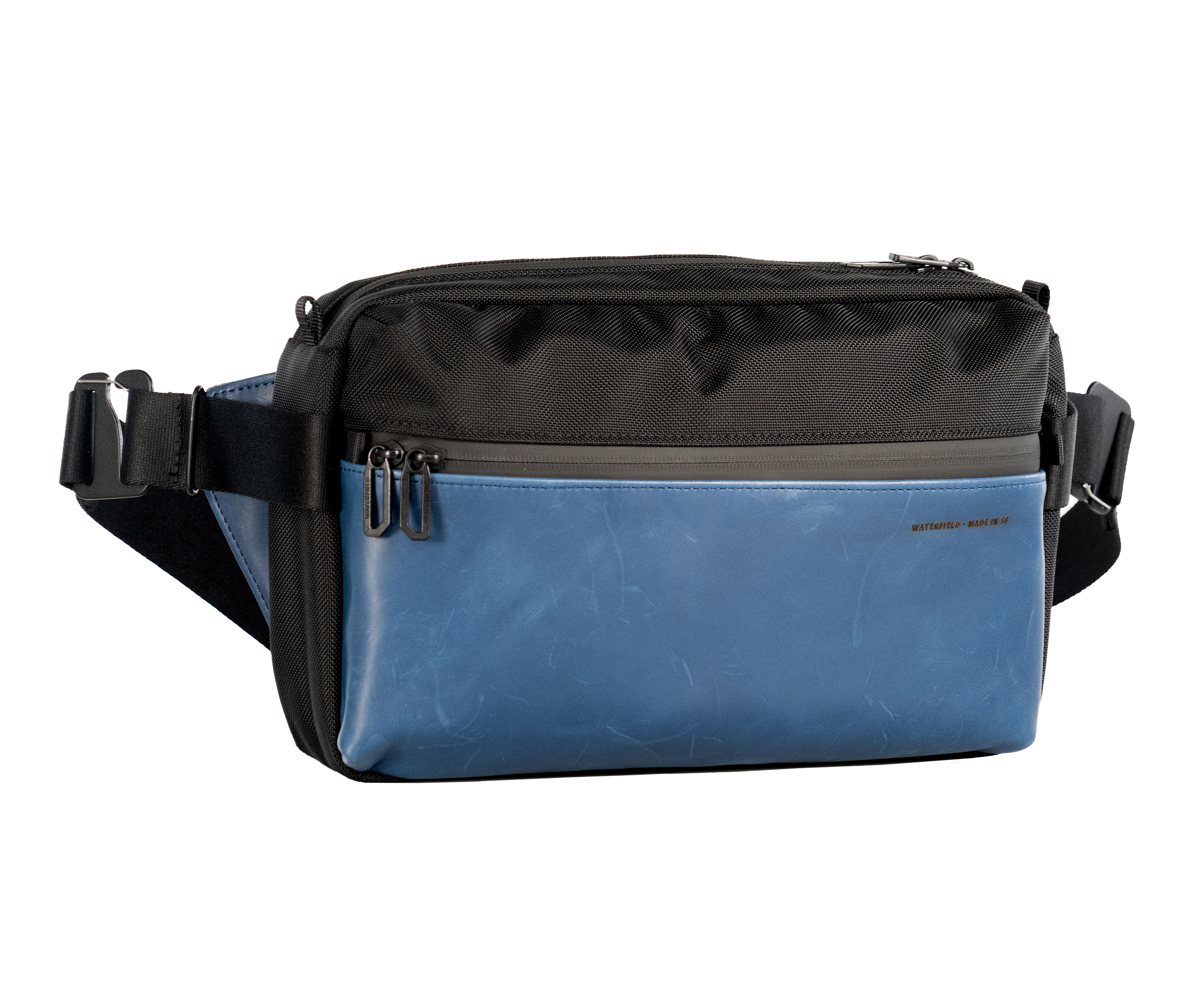 Full-sized Hip Sling Bag in black nylon with blue full-grain leather