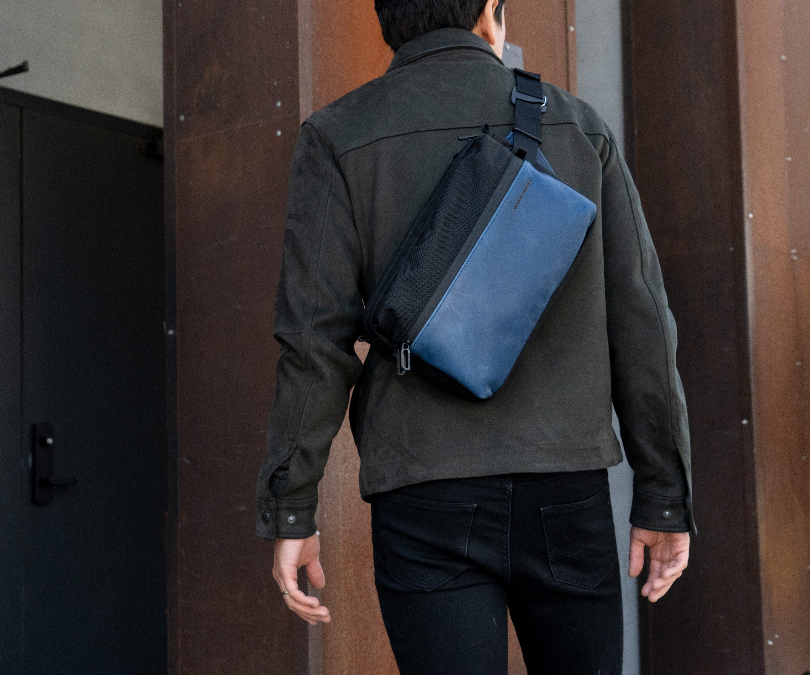 The Hip Sling Bag — Full size; ballistic nylon and blue full-grain leather