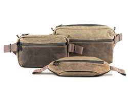 The Hip Sling Bags — Full size, Compact, and Mini — in tan waxed canvas and premium full-grain leather